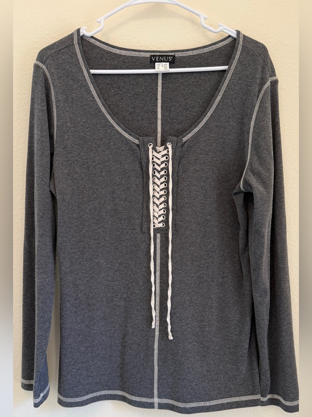 VENUS Gray Lace Up Contrast Stitch Long Sleeve Knit Top Size L
